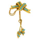 A late Victorian gold turquoise brooch. The circular turquoise cabochon textured ribbon,