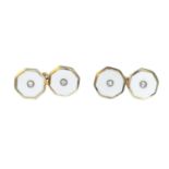 A mother-of-pearl and diamond dress set. The cufflinks each designed as octagonal, textured mother-