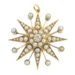 A late Victorian gold diamond and split pearl star pendant. Designed as an old-cut diamond and split