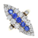 An early 20th century gold sapphire and diamond ring. Of marquise-shape outline, the circular-