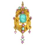 A late Victorian gold Colombian emerald, emerald and ruby pendant. Of openwork design, the