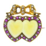 An early 20th century gold ruby, diamond and gem-set brooch. The green gem double heart cabochon,