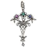 A diamond and gem-set pendant. Designed as a circular-shape emerald, ruby, sapphire and rose-cut