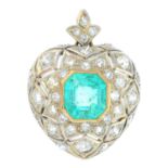 A 14ct gold and silver Colombian emerald and diamond pendant. The octagonal-shape emerald,