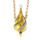 A late Victorian gold, diamond and gem-set pendant. The teardrop phial with diamond, ruby and