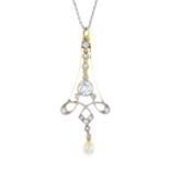 A diamond and cultured pearl pendant. The cultured pearl, suspended from a circular-cut diamond