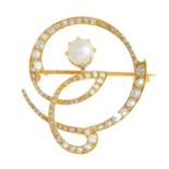 An Art Nouveau 18ct gold cultured pearl and diamond brooch. The old and rose-cut diamond scrolling