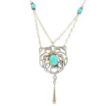 RAMSDEN & CARR - an Arts and Crafts silver turquoise necklace. Of openwork design, the oval