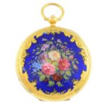 A late 19th century 18ct gold and enamel pocket watch. Of circular outline, the polychrome floral