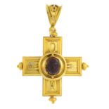 A late Victorian gold agate scarab Archaeological Revival pendant. Designed as a cross, the carved