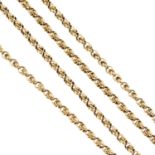 A late Victorian 15ct gold longuard chain. The fancy-link chain, with lobster clasp. Length