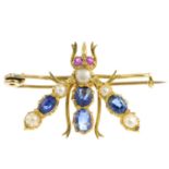 An early 20th century gold gem-set insect brooch. Designed as a fly, the split pearl and sapphire