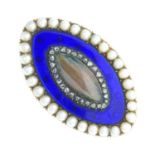 A late Georgian gold and enamel, diamond and split pearl memorial ring. Of marquise-shape outline,