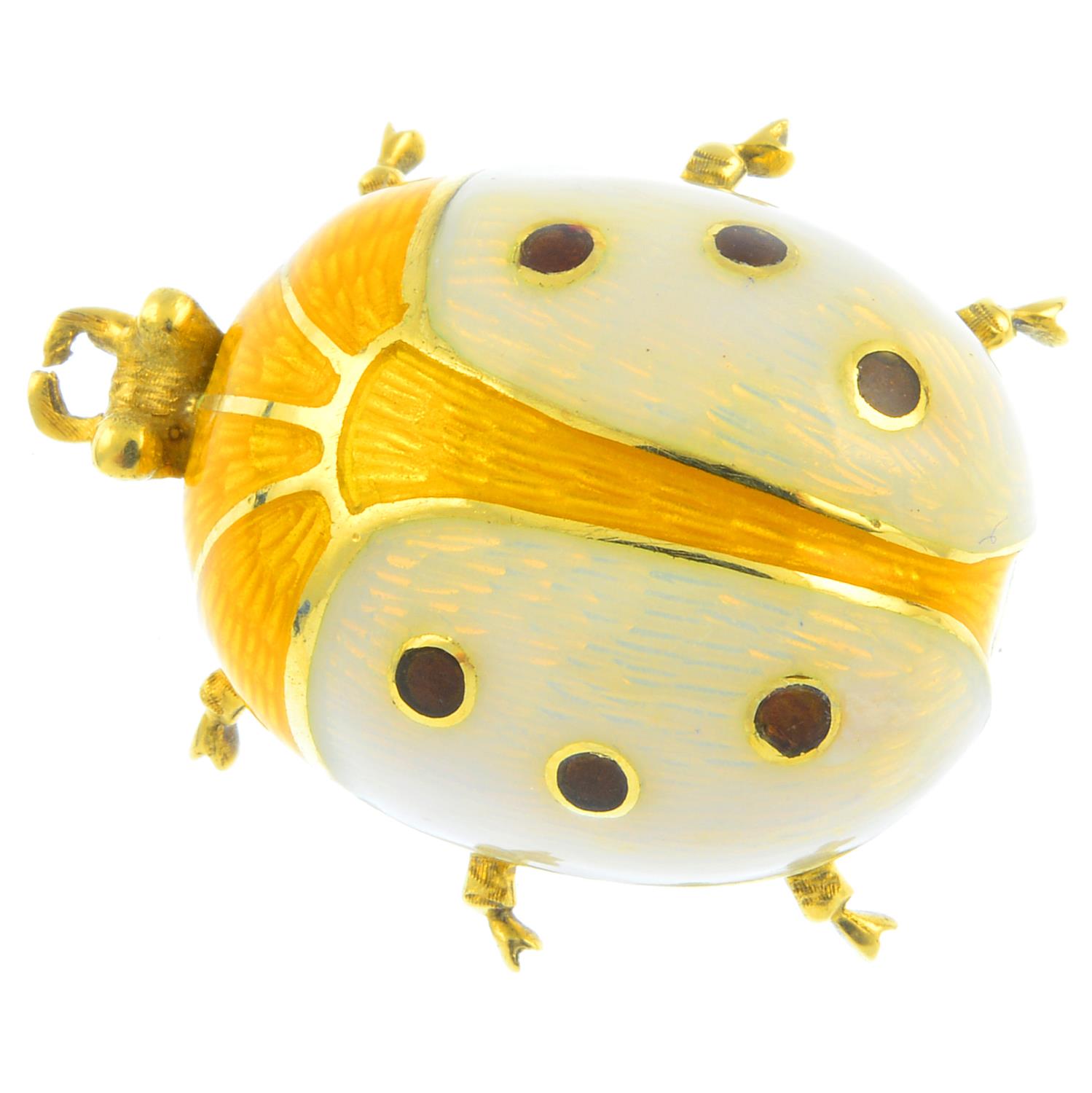 A mid 20th century 18ct gold enamel ladybird brooch. The yellow enamel ladybird, with brown-