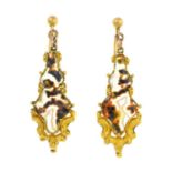 A pair of mid Victorian gold moss agate earrings. Each designed as an undulating moss agate