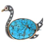 An early 20th century silver and gold, diamond and gem-set swan brooch. The turquoise matrix