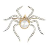 A mid 20th century natural pearl and diamond spider brooch. The pearl and single-cut diamond body,