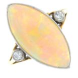 A mid 20th century 18ct gold opal and diamond ring. The marquise-shape opal cabochon, with