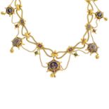 A late Victorian gold micro mosaic necklace. Designed as a graduated star-shape micro mosaic fringe,