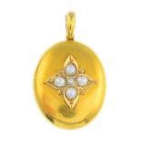 A late Victorian gold, diamond and split pearl locket. The diamond point and split pearl floral