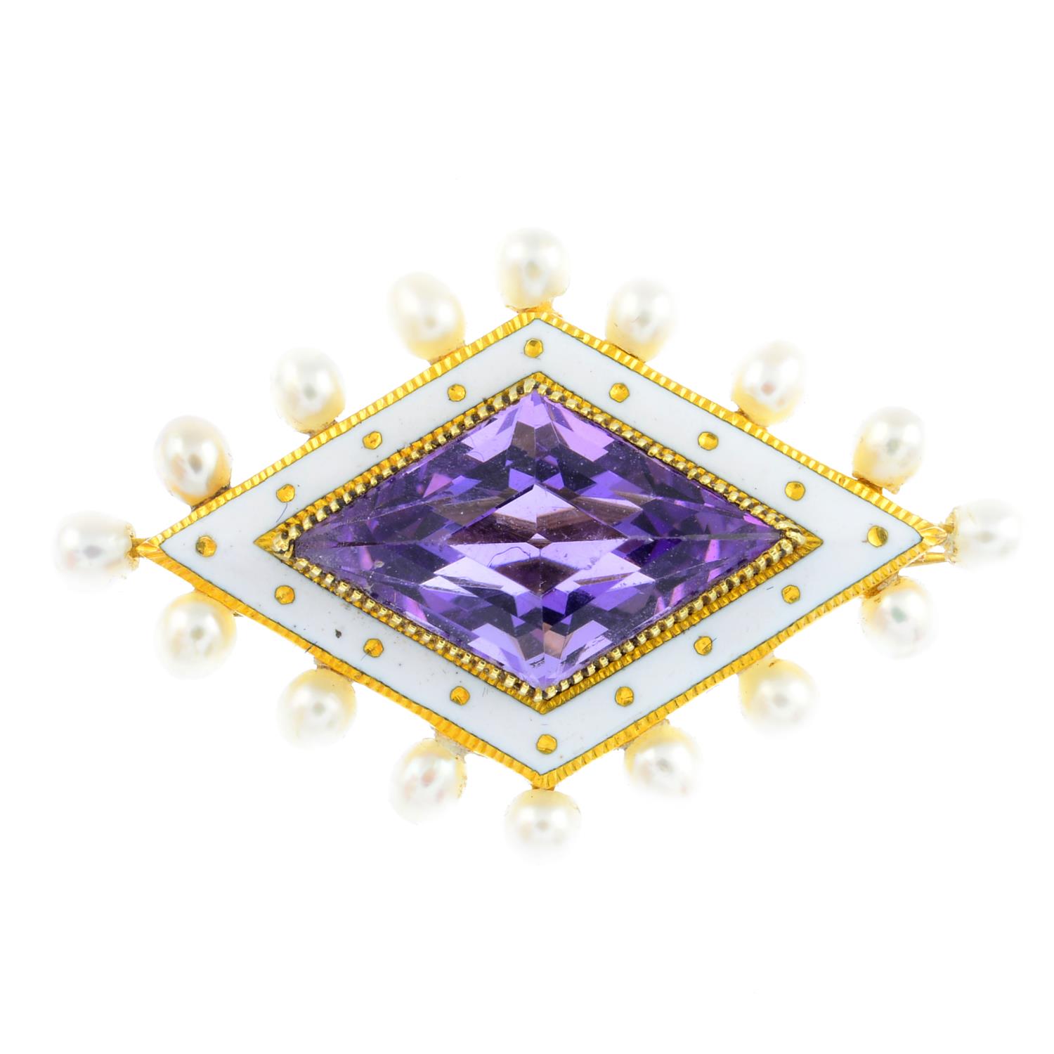 An early 20th century gold, enamel and gem-set brooch. The kite-shape amethyst, with white enamel