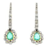 A pair of late Georgian silver and 18ct gold Colombian emerald and diamond earrings. Each designed