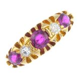 An early 20th century 18ct gold ruby and diamond five-stone ring. The alternate circular-shape