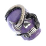 THEO FENNELL - an 18ct gold enamel 'Skull and Snake' ring. Designed as a purple enamel skull, with