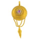 A mid Victorian gold Burma sapphire and diamond pendant. The cushion-shape pink sapphire, weighing