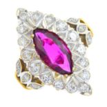 A Thai ruby and diamond cluster ring. The marquise-shape ruby, with brilliant-cut diamond