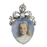 A mid Victorian gold diamond and rock crystal pendant. The pear-shape portrait of a young girl, with