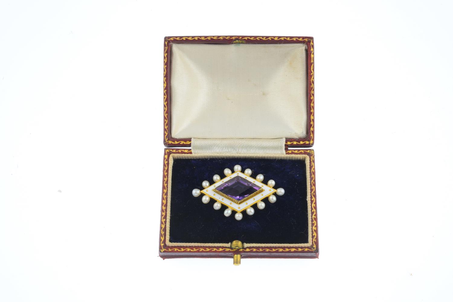 An early 20th century gold, enamel and gem-set brooch. The kite-shape amethyst, with white enamel - Image 3 of 3