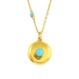 An early 20th century gold turquoise and seed pearl necklace. The turquoise cabochon circular