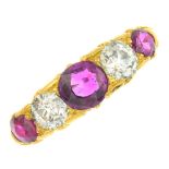 An early 20th century 18ct gold ruby and diamond five-stone ring.