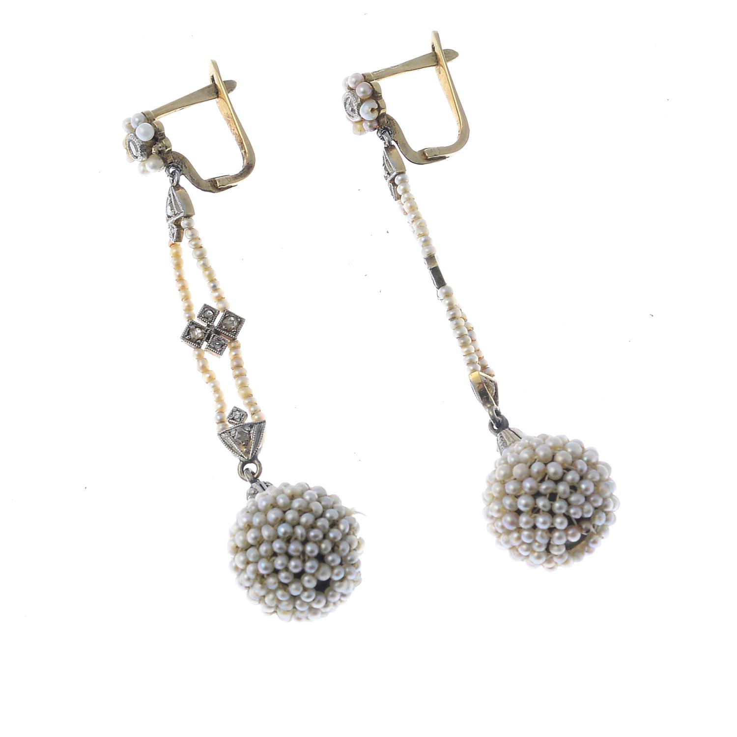 A pair of early 20th century seed pearl and diamond earrings. - Image 2 of 2
