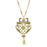 An early 20th century 9ct gold peridot and split pearl pendant.