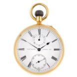 An open face pocket watch by C. Bacon. 18ct yellow gold case with engraved case back, hallmarked