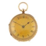 An open face fob watch by C. Ryan. 18ct yellow gold case, hallmarked London 1874. Signed key wind