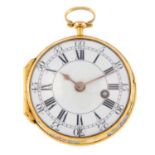An open face pocket watch by Justin Vulliamy. Yellow metal case with painted enamel scene to case