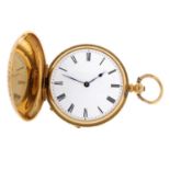 A full hunter pocket watch. Yellow metal case with enamel decoration, stamped K18. Numbered