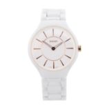 RADO - a lady's True Thinline bracelet watch. White ceramic case with stainless steel case back.