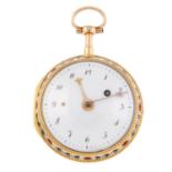 An open face quarter repeater pocket watch by Lamy. Yellow metal case with purple enamel