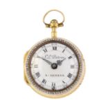 A pair case fob watch by J.L.Patron. Yellow metal cases, outer case with diamond set bezel and