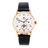 UNIVERSAL GENEVE - a gentleman's triple date moonphase wrist watch. Rose metal case, stamped 18k