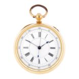 An open face centre seconds pocket watch by J. Perry. Yellow metal case, stamped 18K. Numbered