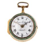 A pair case pocket watch by Jean Robert Soret. Gilt cases, outer case with green stone set bezel and