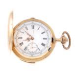 A full hunter repeater chronograph pocket watch. Yellow metal case, stamped 14K. Numbered 9552.