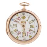 A pair case Masonic pocket watch by T. Earnshaw. 18ct yellow gold case with engraved case back,