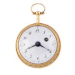 An open face pocket watch by L'Epine. Yellow metal case with enamelled scene depicting a lady to