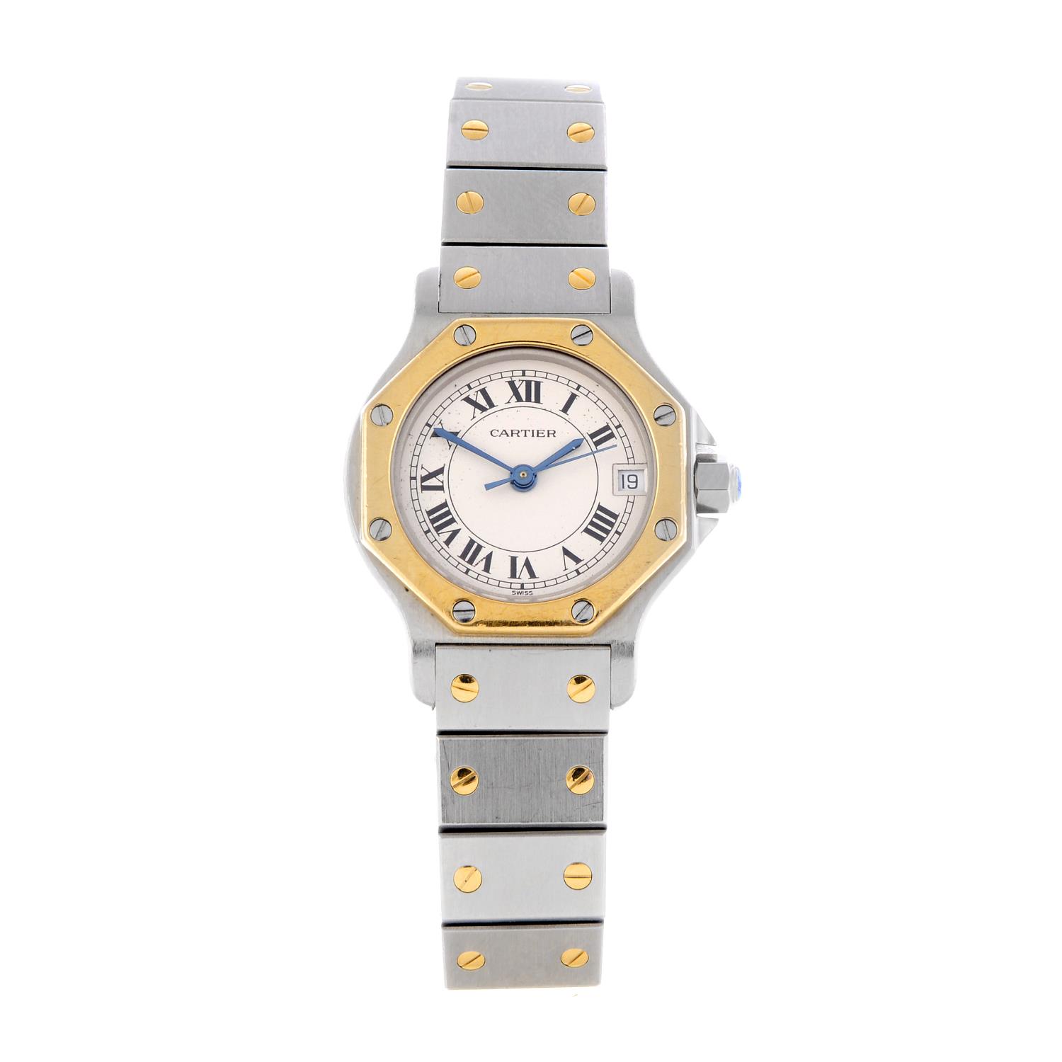 CARTIER - a Santos bracelet watch. Stainless steel case with yellow metal bezel. Numbered 187903